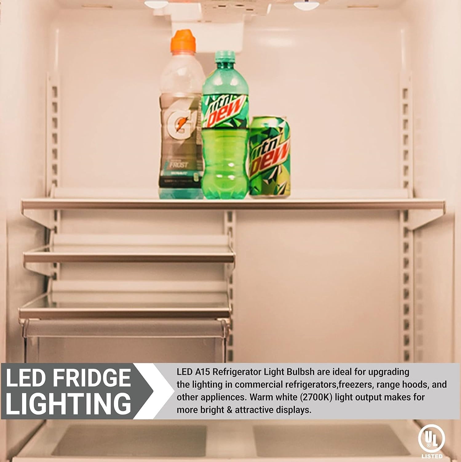 Diodesy- Pack of 4 A15/LED/6W/D/E/FR/27K LED Dimmable Bulb for Refrigerator/Freezers/Ceiling Fan, 2700K Warm White, 6W (40W Equiv.), 480 Lumens, Medium Base E26, Frosted Finish, UL Listed, Energy Star