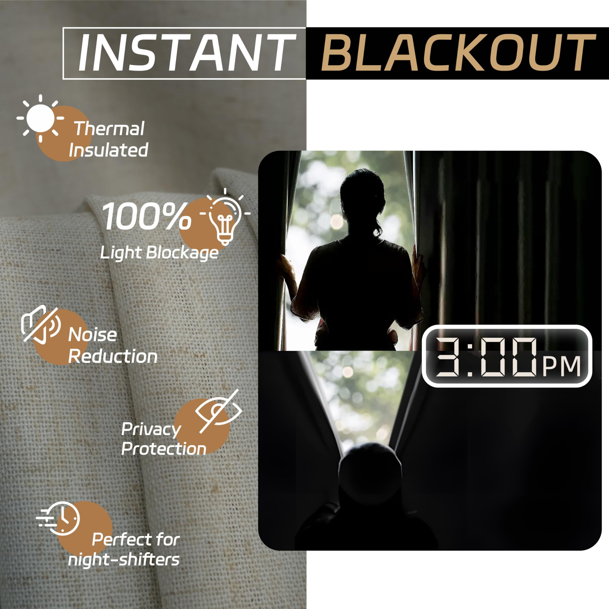 DriftAway 100% Blackout Natural Linen Curtains for Bedroom 84 Inches Long Double Layer Drape Farmhouse Thermal Insulated 3 Inch Rod Pocket Back Tab Full Light Blocking