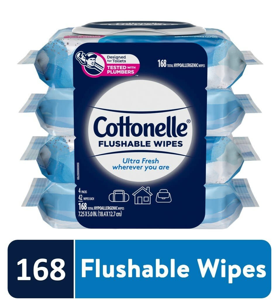 Cottonelle Flushable Wet Wipes, 4 FlipTop Packs, 168 Total Wipes