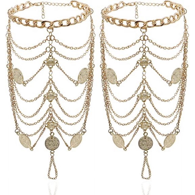 Jinsinto 2 PCS Multi Chain Beach Tassels Anklet Chain Bracelet Barefoot Sandals Foot Jewelry