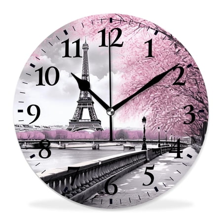 14 Inch Wall Clock Battery Operated Silent Clock Decorative for Office, Kitchen, Outdoor, Living Room,Paris Eiffel Tower France Oil Painting Artwork Creative