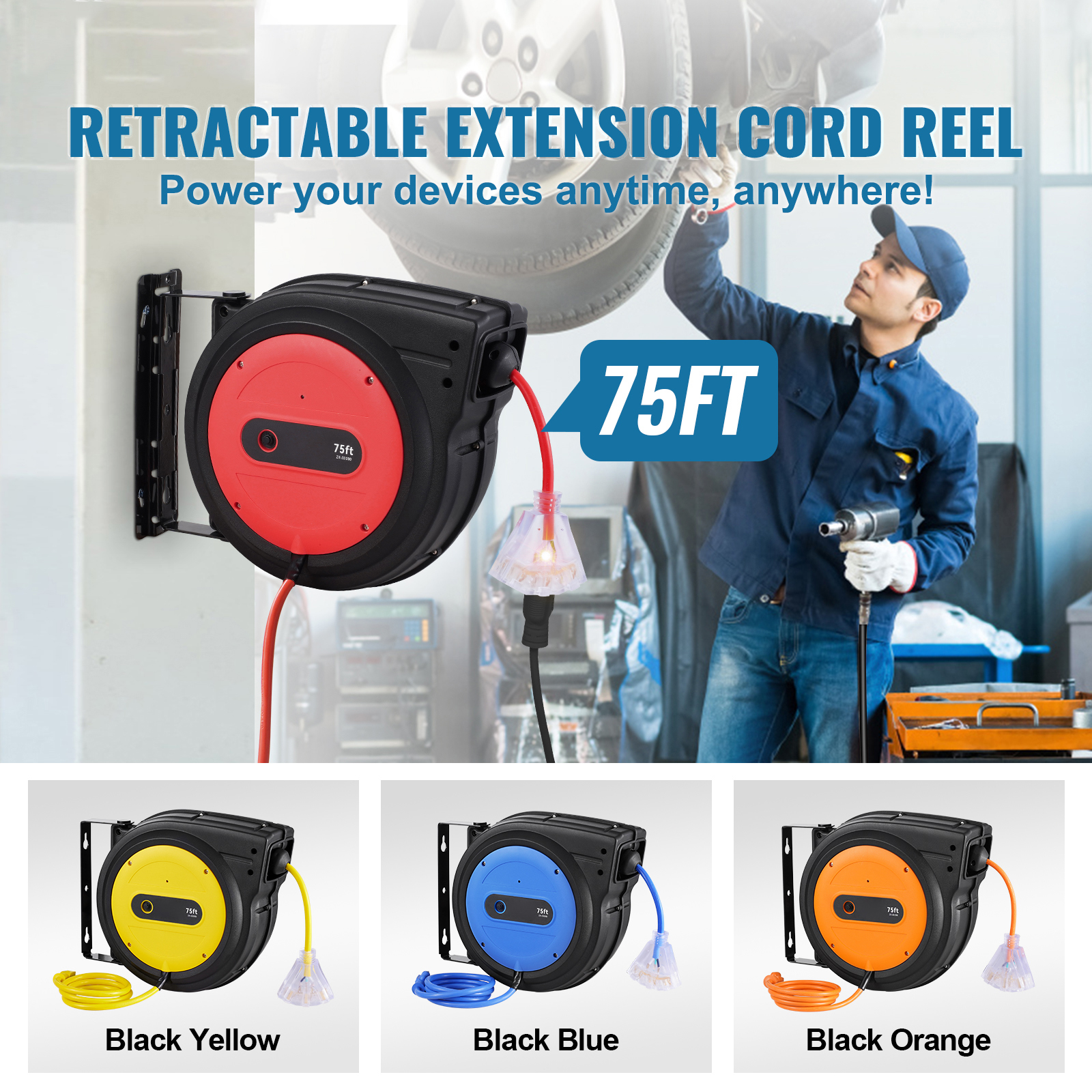 KFFKFF Retractable Power Cable Reel, 75 FT, Durable 14AWG/3C SJTOW Extension Cord with Illuminated Triple Outlet, 13 Amp Safety Circuit Breaker, 180° Rotatable Bracket for Wall ,Ceiling Installation