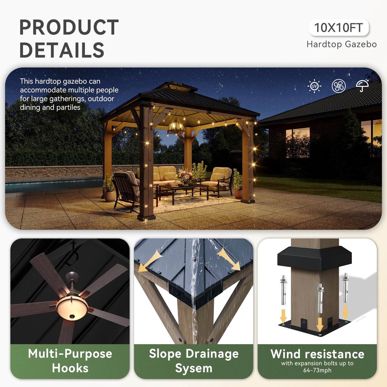 Dateyes 10' x 10' Outdoor Wood Gazebo, Hardtop Gazebo Permanent Wooden Pavilion with Galvanized Steel Double Roof, for Patio, Garden, Deck, Cedar Wood