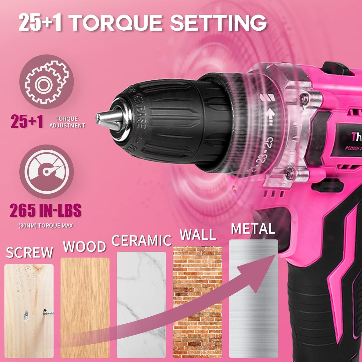 ThinkLearn Pink Cordless Drill Set, 20V Lithium-ion Power Drill Set for Women with 67Pcs Drill Driver Bits, 3/8"Keyless Chuck, 25+1 Position Electric Drill, 2.0Ah Battery, Fast Charger and Storage Bag