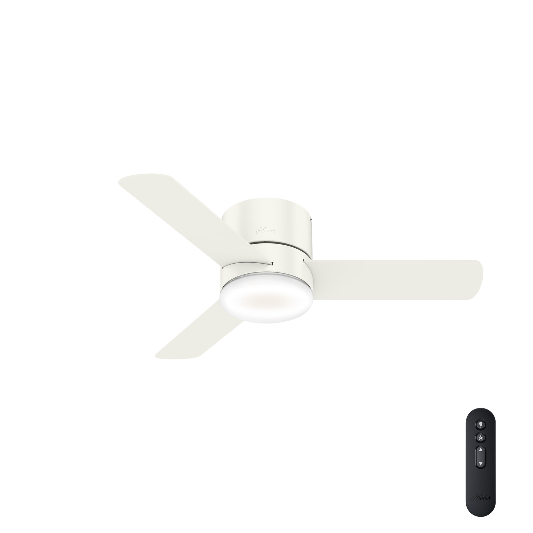 Hunter - Minimus Indoor Low Profile Ceiling Fan With Light, Remote, 44-inch, Fresh White, Casual-style, 3-speed WhisperWind Motor, 59452, for Living Rooms, Bedrooms