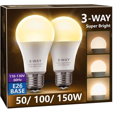 3 Way LED Light Bulbs Soft White, 2 Pack, 3000K 50/100/150 Watt Equivalent, A19 Three Way Bulbs, E26 Base 3-Way Light Bulbs for Indoor for Reading