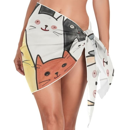Cats with White Women Coverups Beach Cover Up Chiffon Swimsuit Bikini Wrap Short Skirt Beach Slit Tie Waist