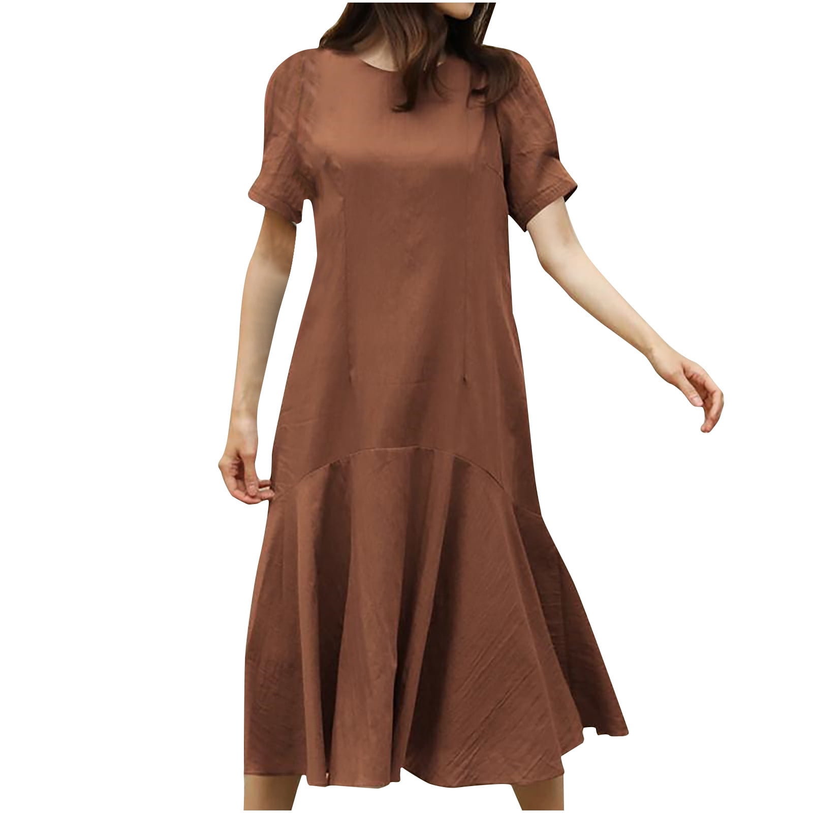 fartey Cotton Linen Sundresses for Women 2023 Trendy Relaxed Solid Color Maxi Sundress Ruffle Hem Short Sleeve Crew Neck Dress