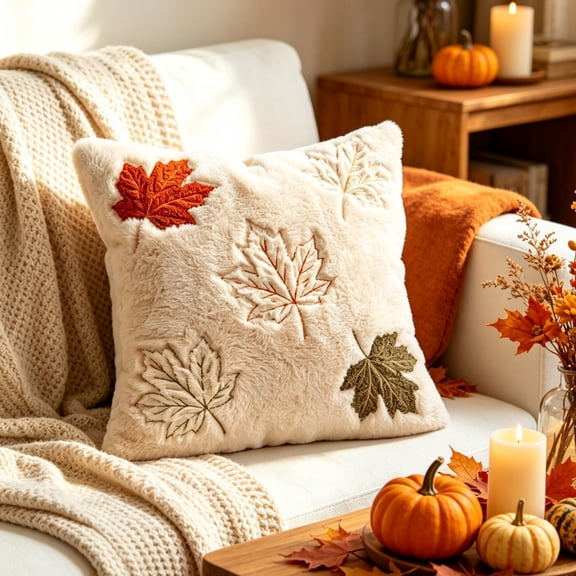 Thanksgiving Maple Leaf Velvet Pillow Cover 18 x 18 in Decorative Cushion Case, Hidden Zipper Soft Throw Pillowcase for Sofa Couch Bedroom Fall Home Decor