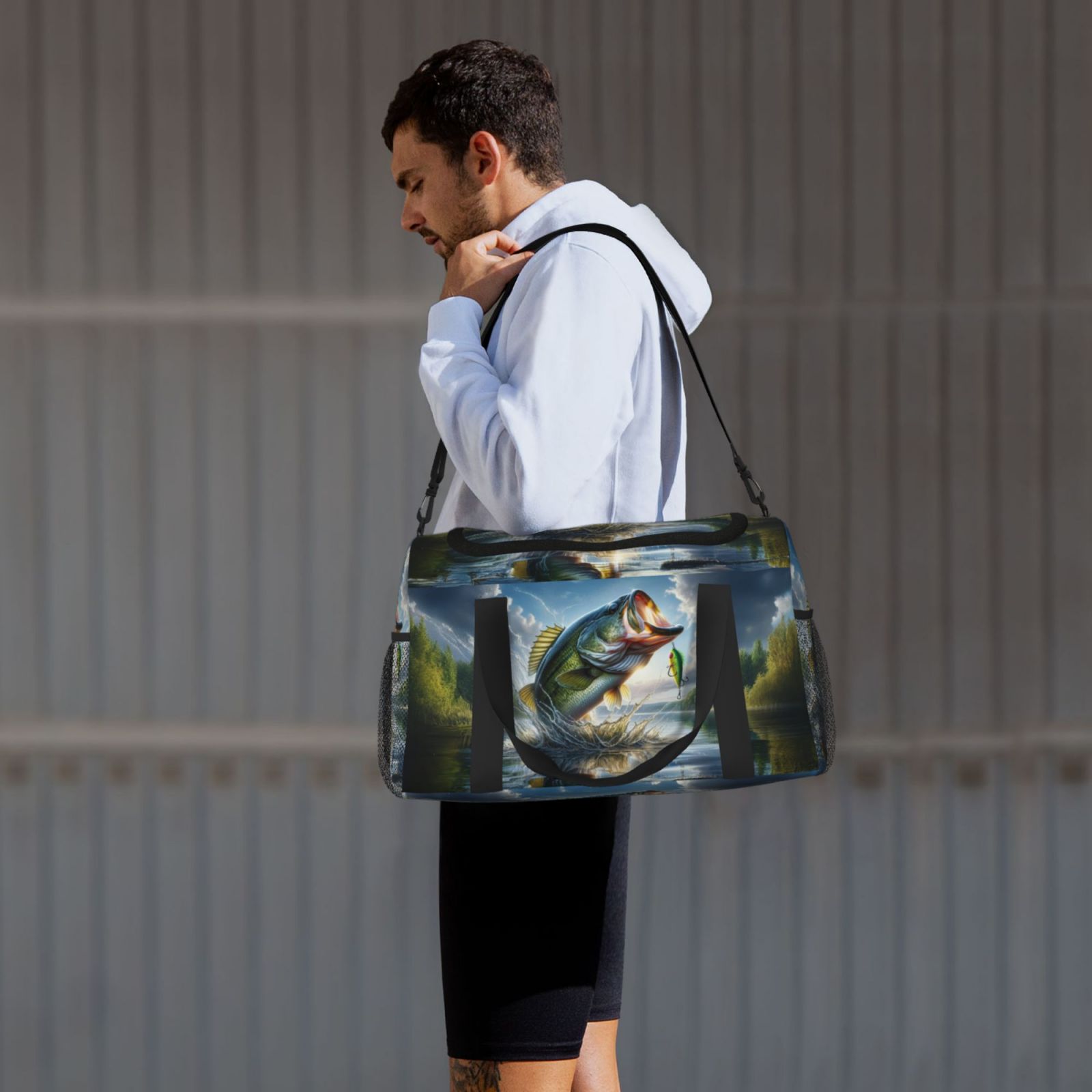 Defioc Largemouth Bass Jumping Out of The Water Print Hand Travel Bag - Foldable Travel Duffel Bags for Men Women -Sport Gym Bag - Overnight Travel Duffel Bag - Adjustable Shoulder Strap