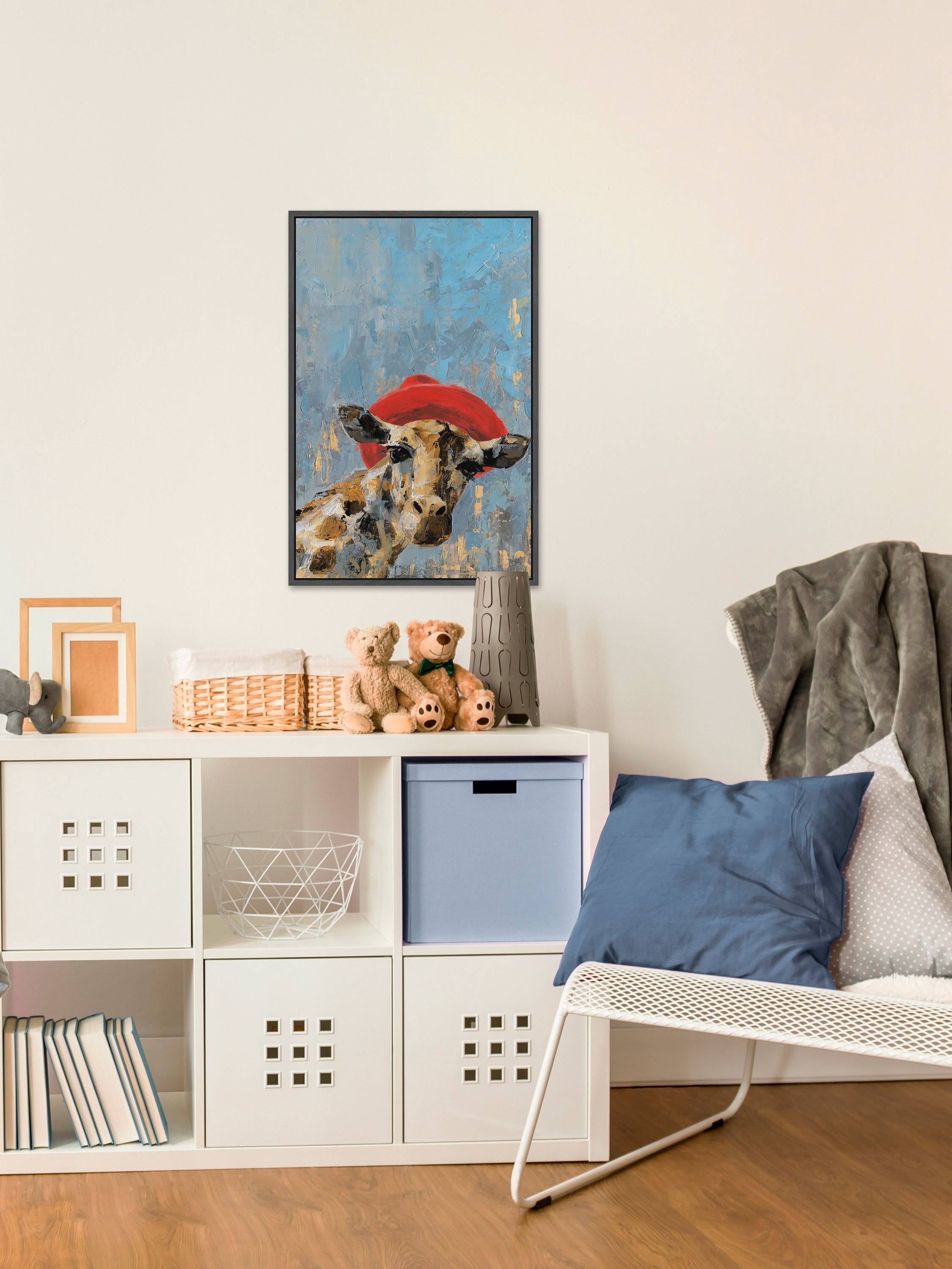 Giraffe's Red Hat Floater Framed Painting Print on Canvas