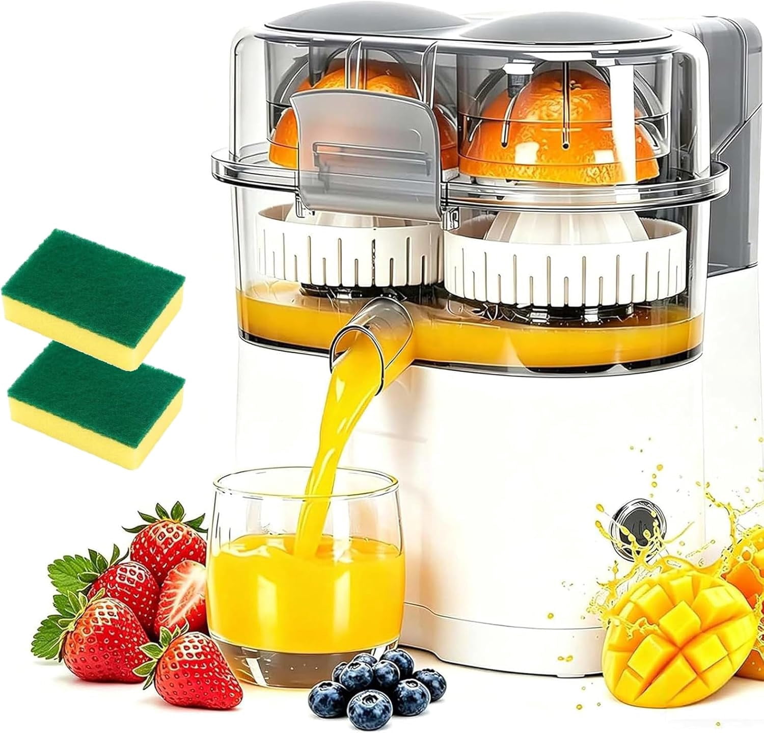 Dual-Head Automatic Citrus Juicer, Dual-Head Electric Citrus Juicer, Portable Lemon Squeezer Machine with Built-In Cutter and Cleaning Brush, One-Touch Squeezer for Orange & Lemon (#A)