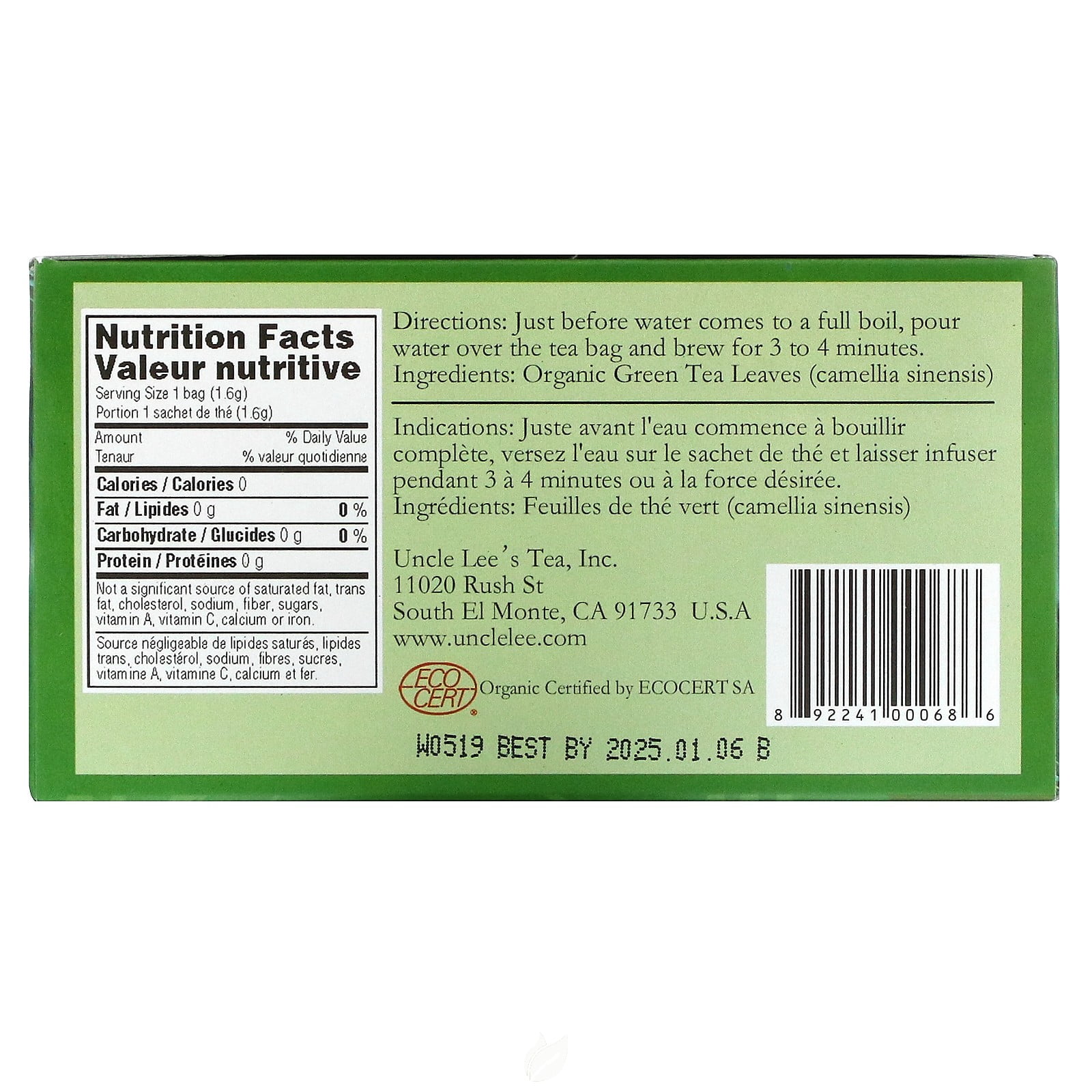 (2 Pack) Uncle Lee's Tea Organic Green Tea 100Bag