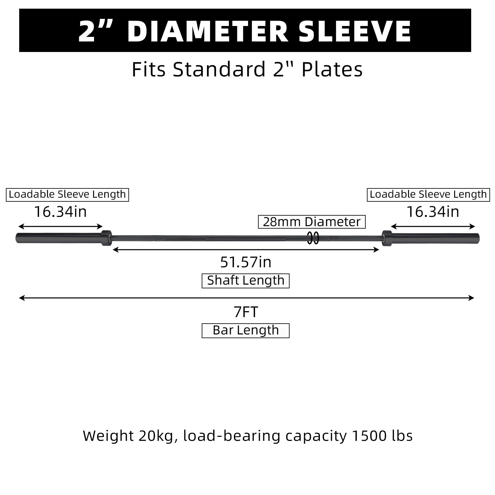 GARVEE 7FT Olympic Barbell Bar with 2 Collars,1500 LB Capacity Weightlifting & Powerlifting Bar,Fits 2-Inch Plates,Strength Training Bench Press Bar for Home Gym,Black