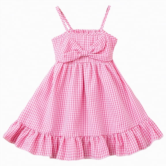 mgoYE Toddler Girl Dress Summer Clothes Linen Sleeveless Bow Dresses Plaid Dresses Casual Sundress 2-7T(Hot Pink,5-6 Years)