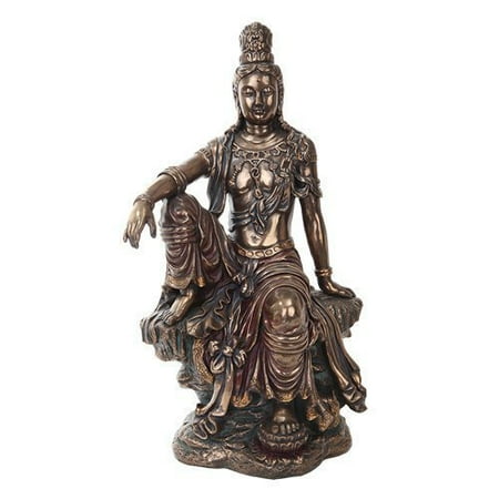 Seated Kuan Yin Statue - 16 Inch Water and Moon Kuan Yin Buddhist Bronze Finish Statue Figurine
