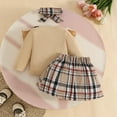 thumbnail image 6 of SYMOID Kids Girl Khaki 3-Piece Outfit Set - Soft Cotton Top with Ruffles, Plaid Skirt & Matching Bow Headband, Sweet Preppy Style for 6-36 Months,Size 12 Months, 6 of 9