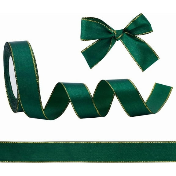 2rolls 48 Yards(43.89m) Double Face Green Ribbon with Gold Edges 1inch Gold Edges Satin Ribbon Border Fabric Ribbons for Weddings Party Gift Wrapping Bows Bouquet Decorations Green