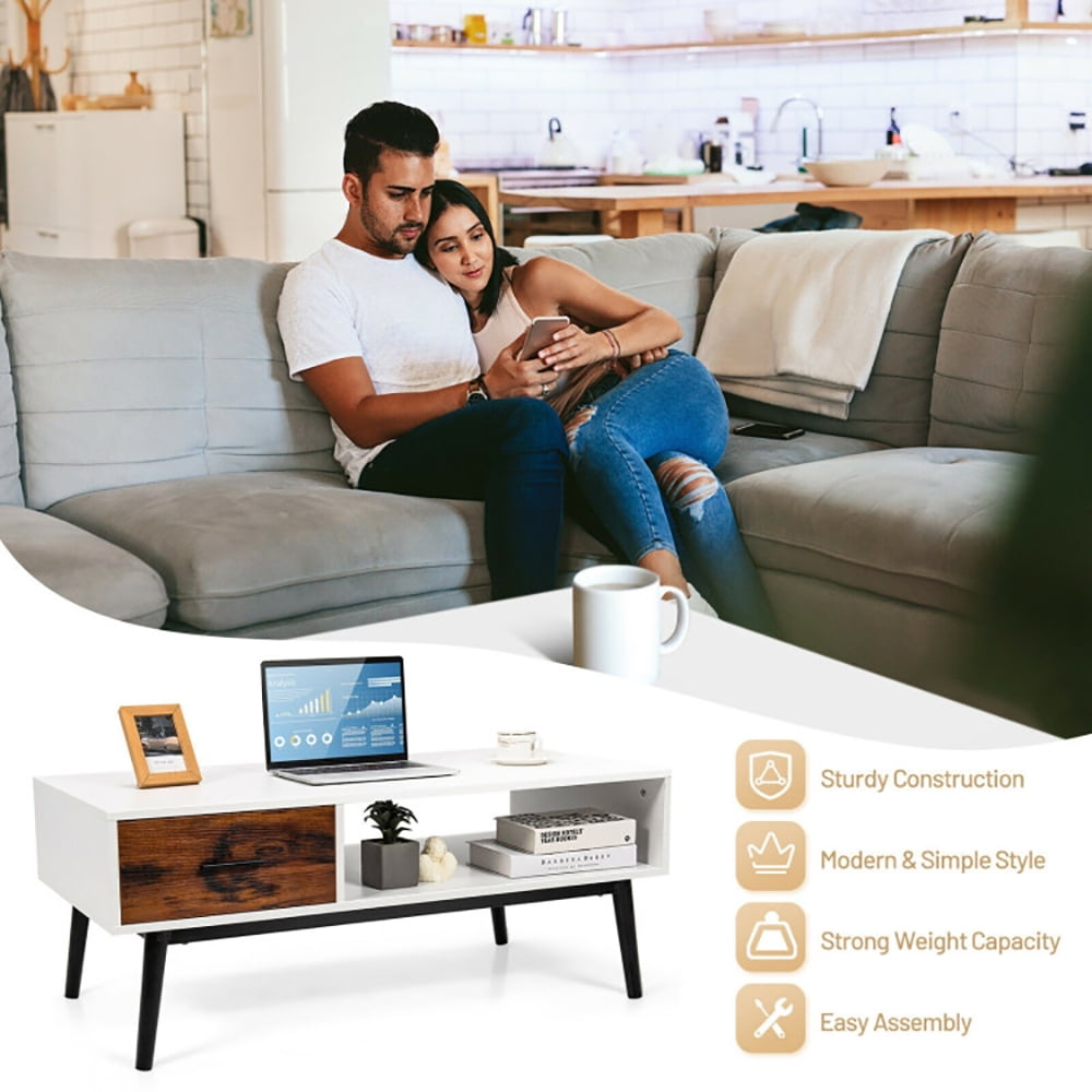 Finihen Wooden Coffee Table, Rectangular Coffee Table, Rectangular Wooden Coffee Table with Drawer and Open Storage Shelf, for Living Room, Reception Room, Office, White