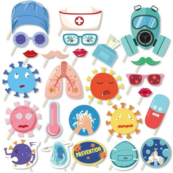 HTOOQ 25Pcs Quarantine Photo Booth Props with Stick, Prevention Theme Selfie Props, Birthday Party Supplies, Photography Backdrop Decorations Virus Photo Booth Props -