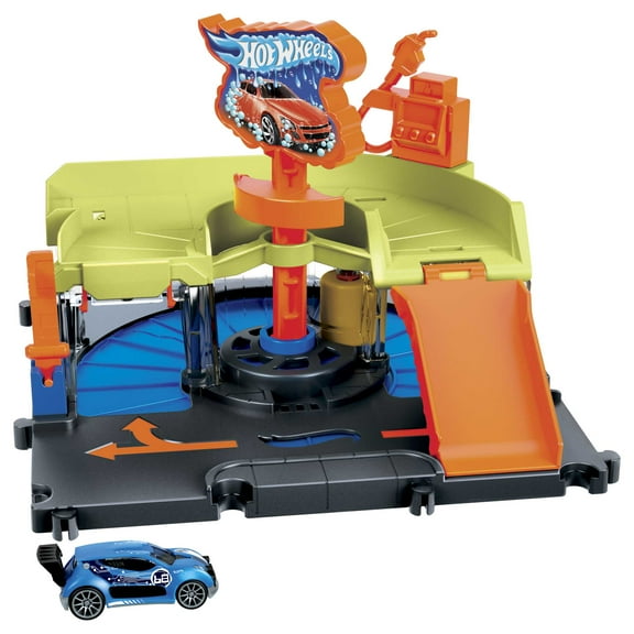 Hot Wheels City Downtown Express Car Wash with 1:64 Scale Toy Car, 6.88 in