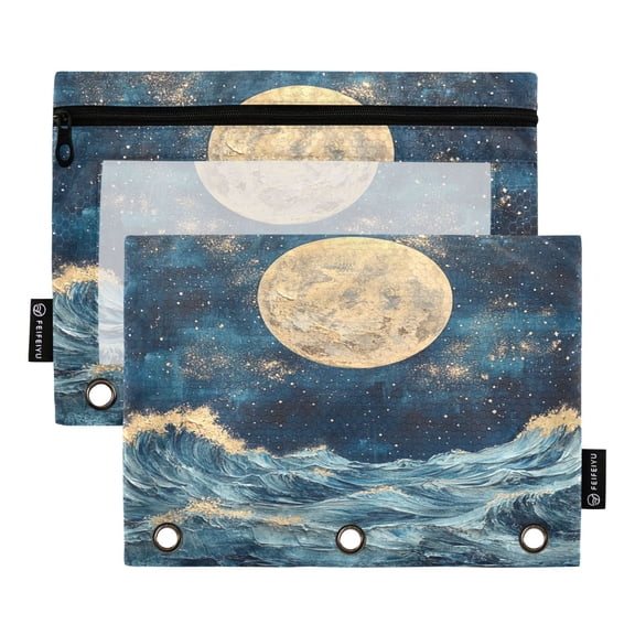 2 Pack 3 Ring Binder Pouch with Clear PVC Window Water Resistant Zipper Pencil Pouch Moonb Binder Pocket for Classroom Office Home Stationery Organization