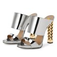 thumbnail image 3 of FSJ Women Open Toe Chain Chunky High Heel Sandals Double Strap Slip on Mules Sexy Prom Evening Dressy Shoes Size 9.5 Silver, 3 of 5