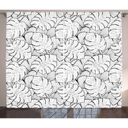 Ambesonne Black and White Curtains 2 Panel Set, Palm Leafage, 108" x 84", Black White