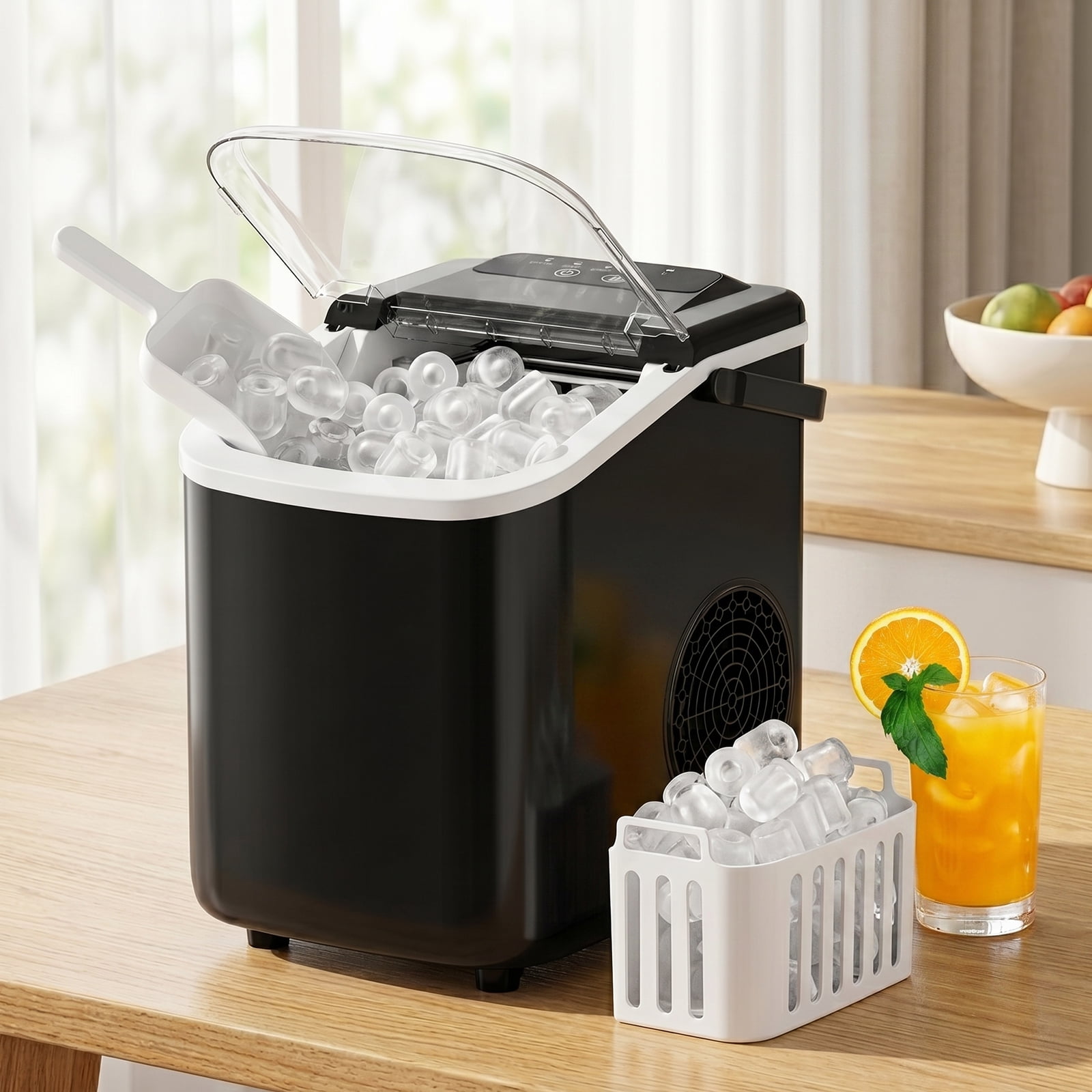 TINKLE WELL Ice Maker Machine, Countertop Portable Ice Maker with Handle, 26 lbs/Day Bullet Ice Cubes, Self-Cleaning Ice Machine with Basket and Scoop for Home, Party, RV, Camping, Black