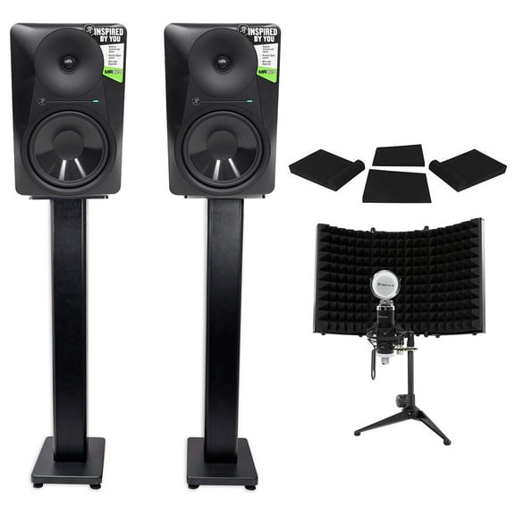 2 Mackie MR824 8” 85w Powered Studio Monitors Condenser Mic Stands Pads Shield
