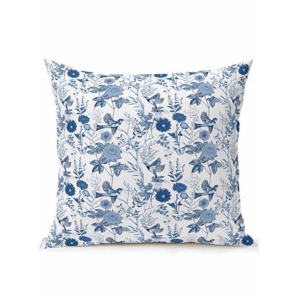 Waterproof Outdoor Throw Pillows with Inserts 16"x16", Flower Bird Soft Decorative Pillowcases for Couch Bedroom, Vintage Blue Garden Country Wildflower Pillow Covers for Sofa Living Room