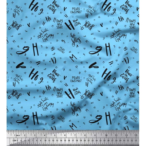 Soimoi Blue Velvet Fabric Peace On Earth Text Print Sewing Fabric Yard 58 Inch Wide