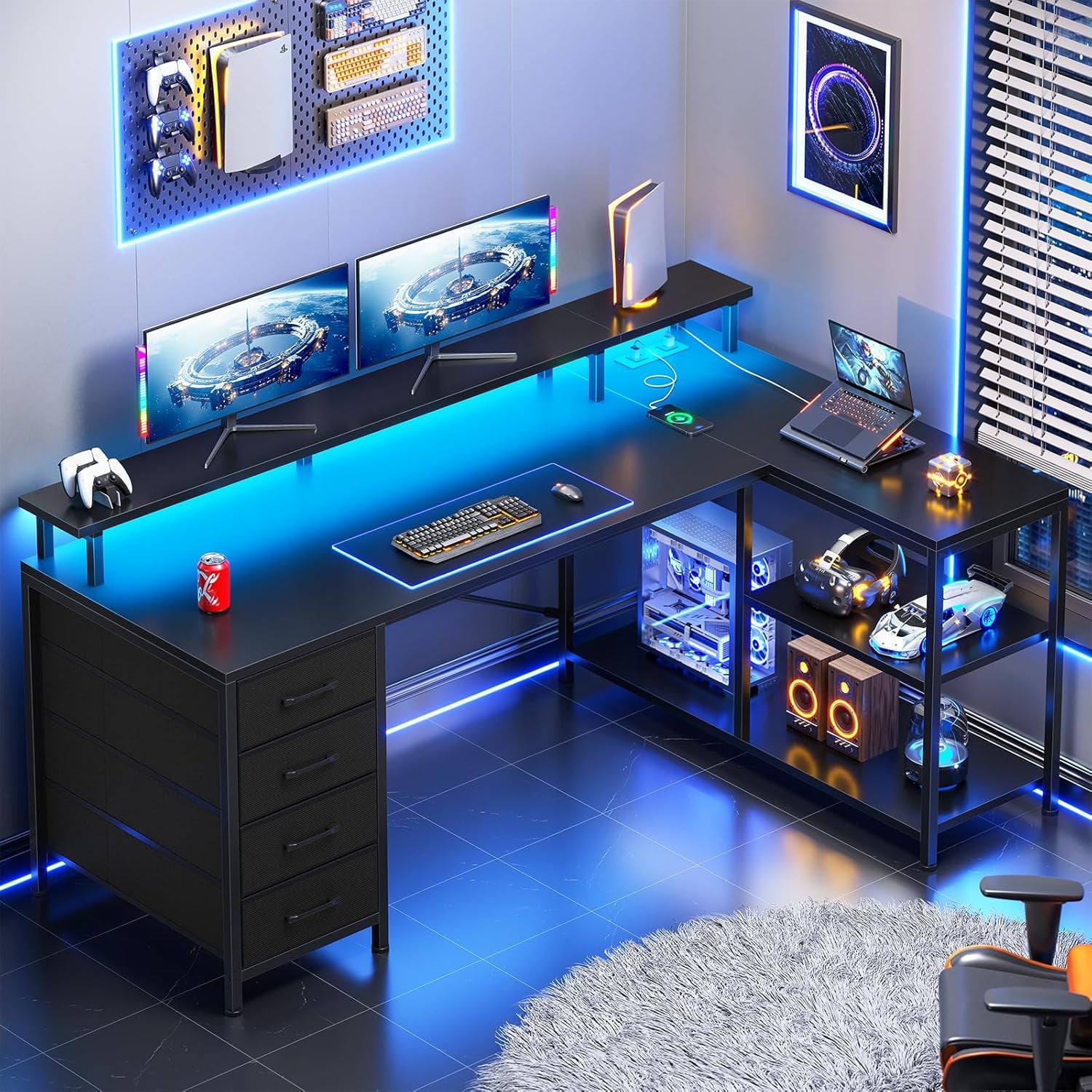 L Shaped Gaming Desk with 4 Drawers Shelves Power Outlets Black | L Shaped Desk with LED Lights Computer Desk with Shelves & Drawer Corner Desk Home Office Desk