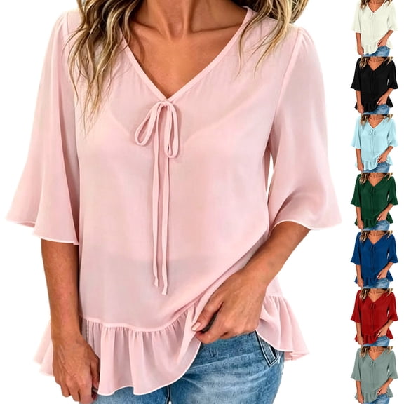 Tqcoqu Women's Solid Loose Flowy Casual Chiffon Blouse Top,V Neck Tie Front 3/4 Flared Bell Sleeve Ruffle Hem,Pink Women's S-XXXL