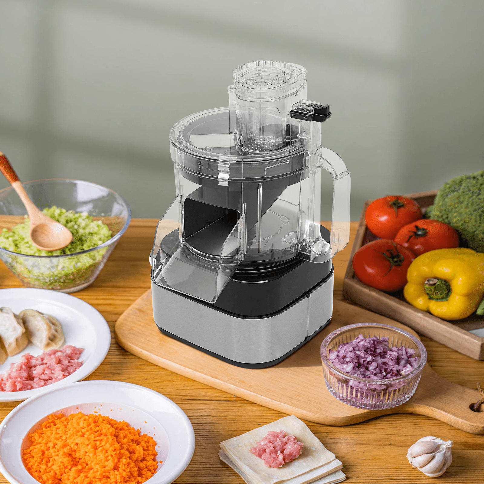 5-in-1 Commercial Food Processor Fruit Vegetable Dicer Chopper Grinder Electric Food Shredder Slicer with 2 Gears for Onion Carrot Apple Meat Garlic,10.6x9.8x14.6in