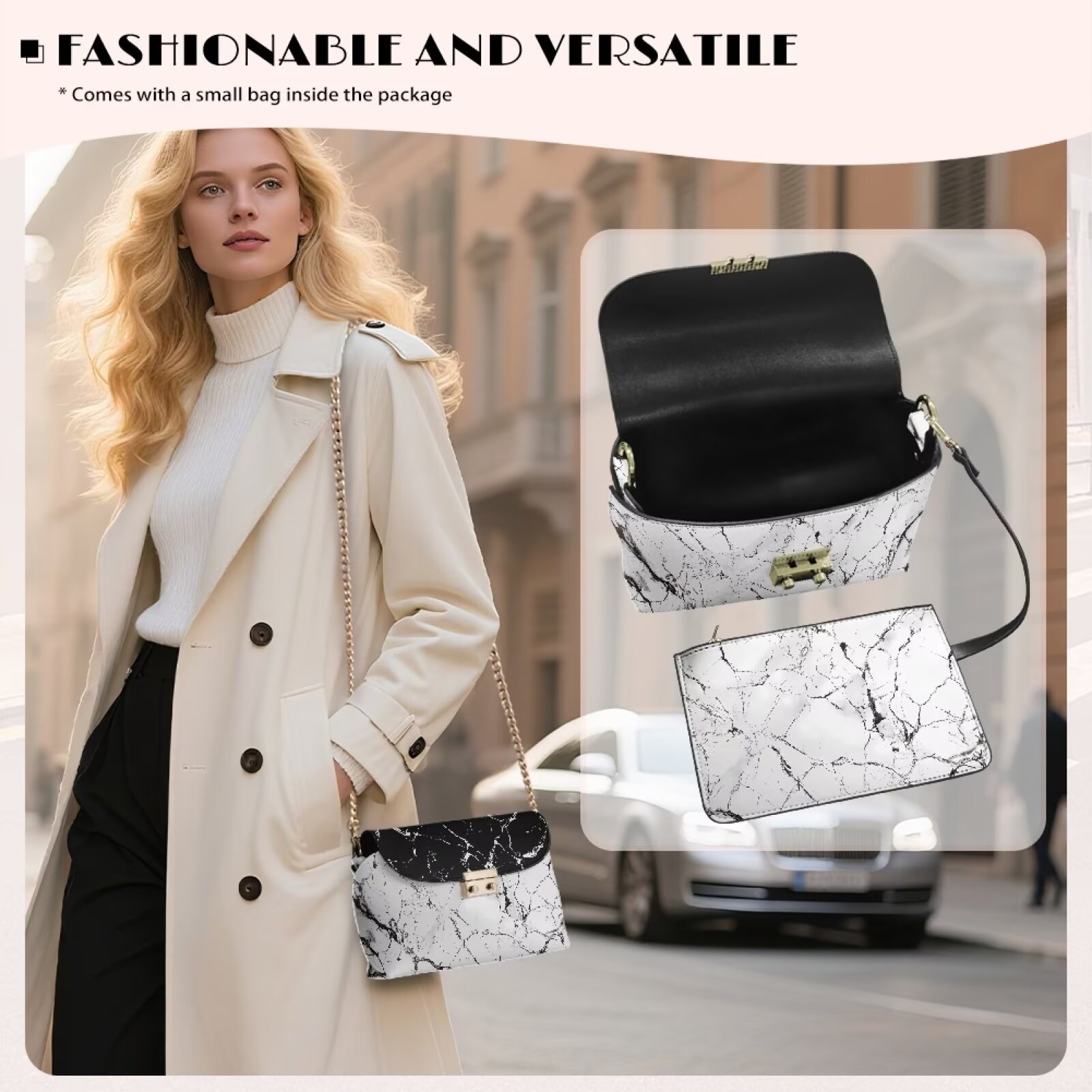 Pzuqiu Black White Marble Crossbody Bags Leather Women Exquisite Craftsmanship Leather Quilted Shoulder Bag with Chain Strap Practical Functional for Daily Use and Travel