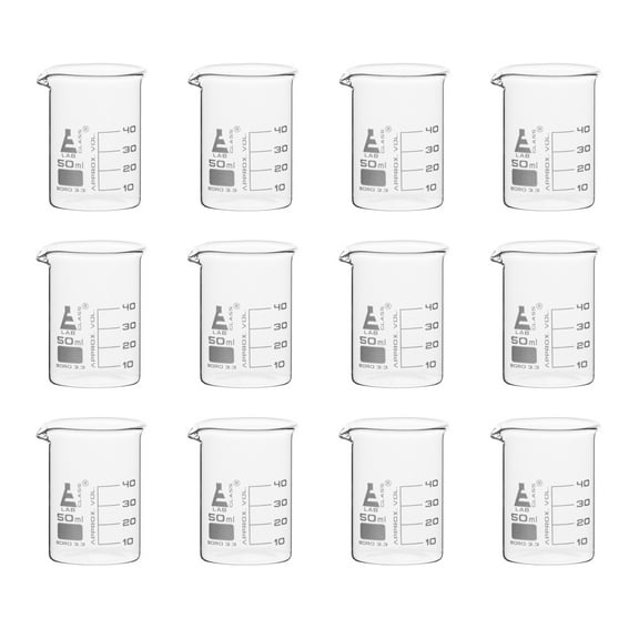 12PK Beakers, 50ml - Low Form with Spout - White, 10ml Graduations - Borosilicate 3.3 Glass - Eisco Labs
