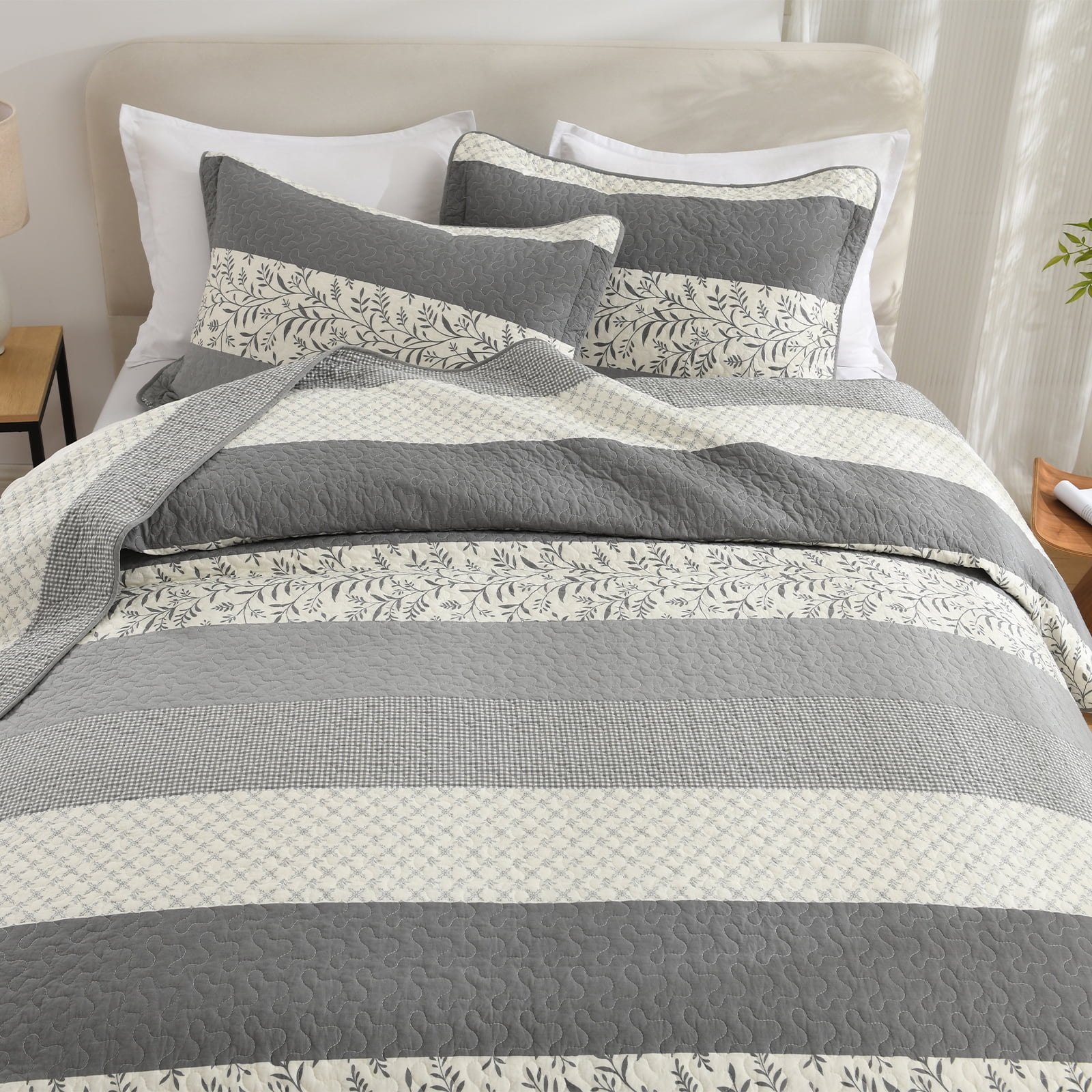 Y-PLWOMEN 100% Cotton Quilt King Size - Gray Striped Lightweight Beige Quilt, Floral Quilted Bedspread Lightweight Comforter Set, Soft Bed Spread for King Bed with Pillow Shams