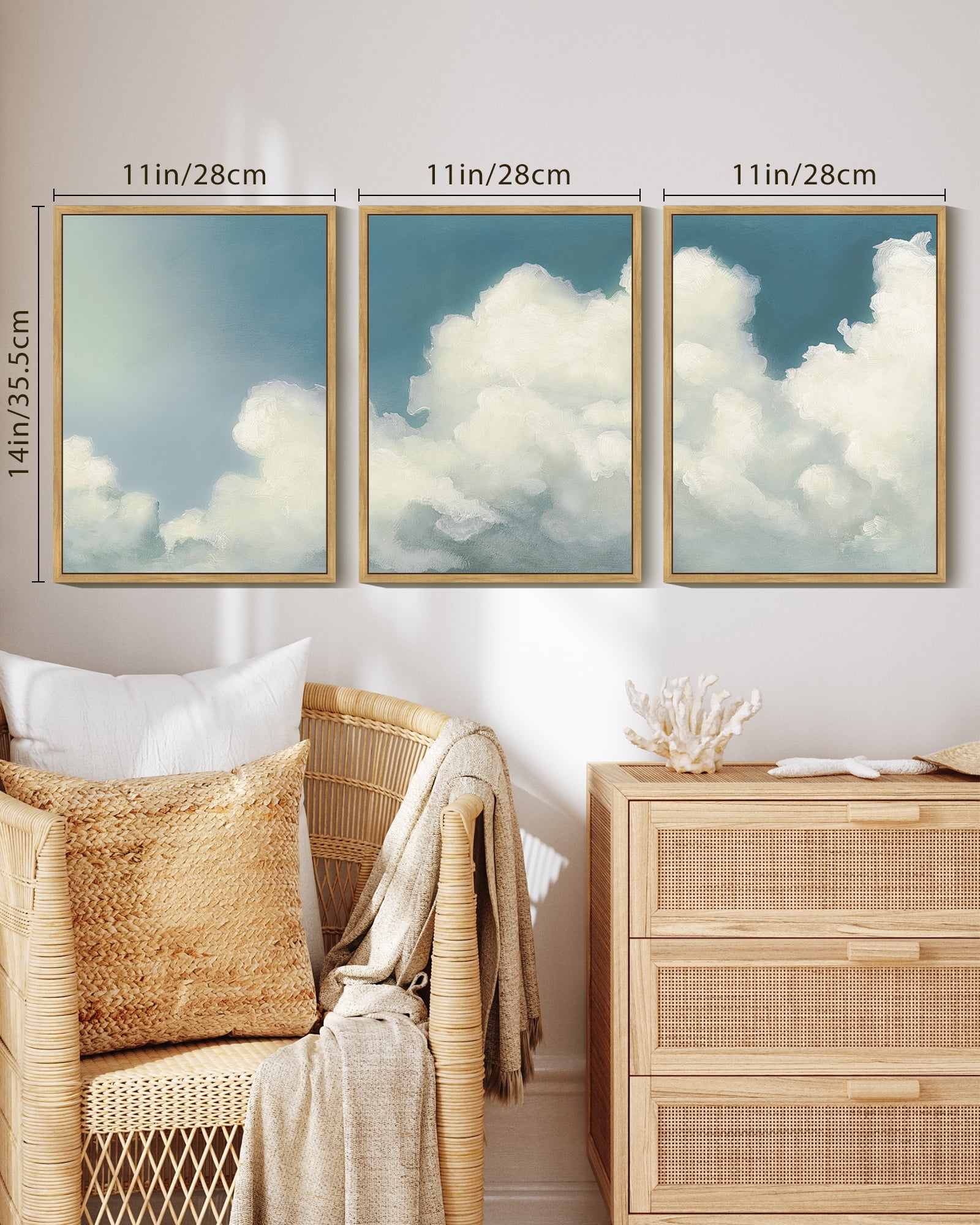 Drsoum Cloud Framed Wall Art Cloudy Sky Natural Wall Decor Vintage Landscape Modern Painting Artwork for Living Room Bedroom 11x14in3pcs Natural Framed