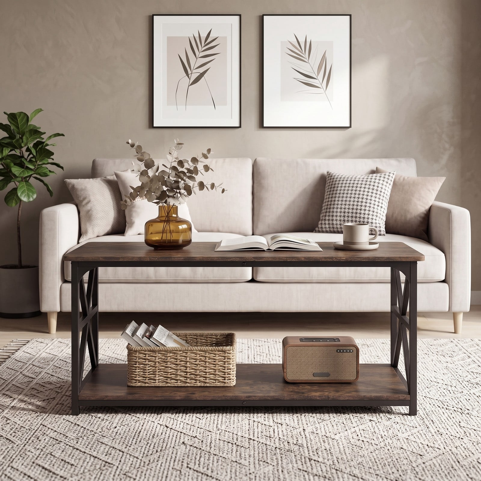 Furnibear 2-Tier Coffee Table with Storage Shelf, Rustic Farmhouse Center Cocktail Table, Wood Look Top with Carbon Steel Frame and X-Shaped, Rustic Brown & Black