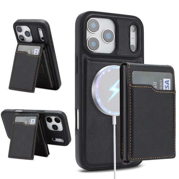 Compatible with iPhone 13 Case, Fashion Magnetic PU Leather TPU Cover with Detachable Card Holder Kickstand Ultra Slim Lightweight Drop Protective Phone Case, Black
