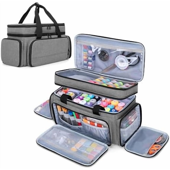 Large 2 Layers Sewing Organizer Bag with 5 Detachable Dividers, Sewing Storage Bag for Sewing Supplies (Bag Only), Gray