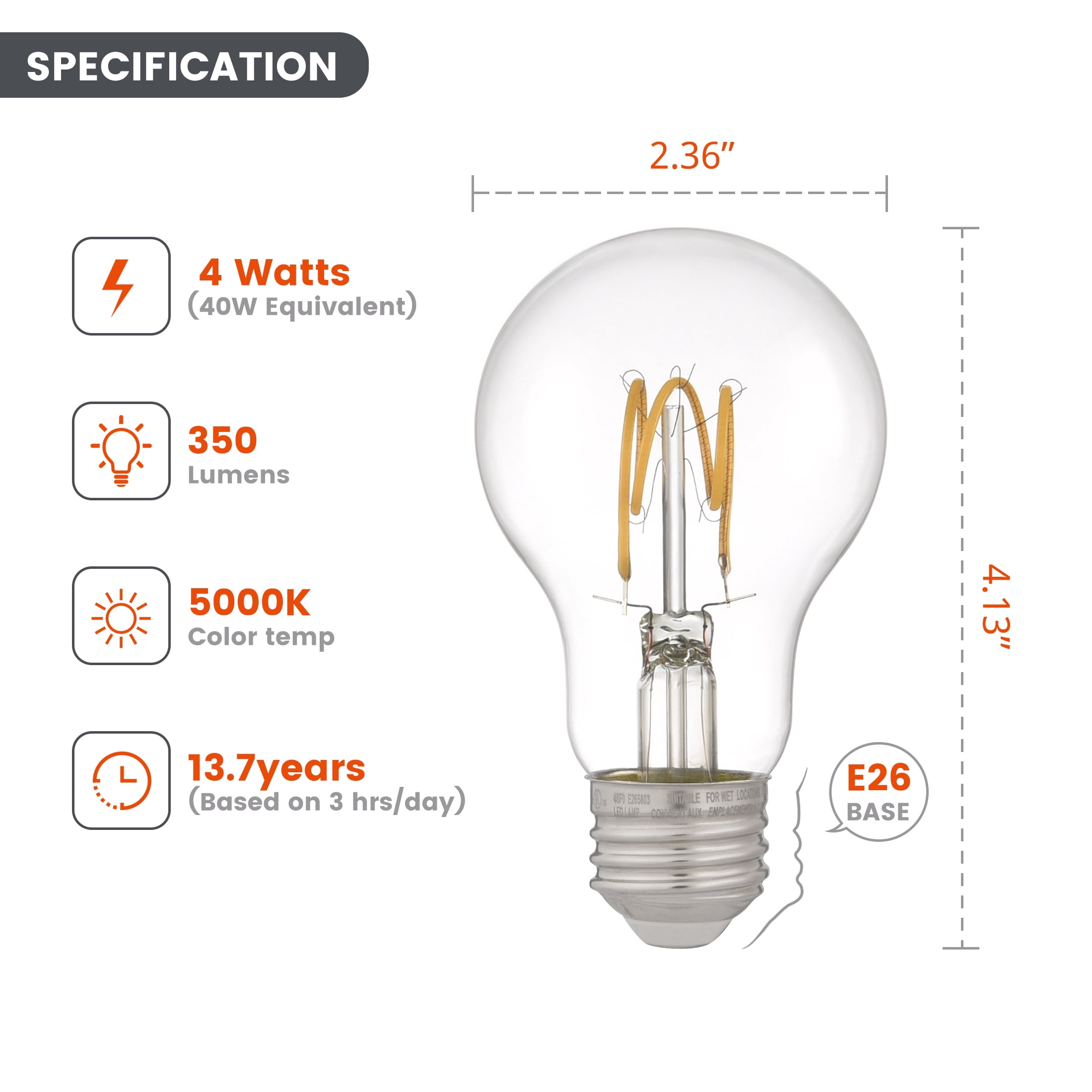 Better Homes & Gardens 4W (40W Equivalent) Daylight A19 Vintage LED Light Bulbs, E26 Base, 2 Pack