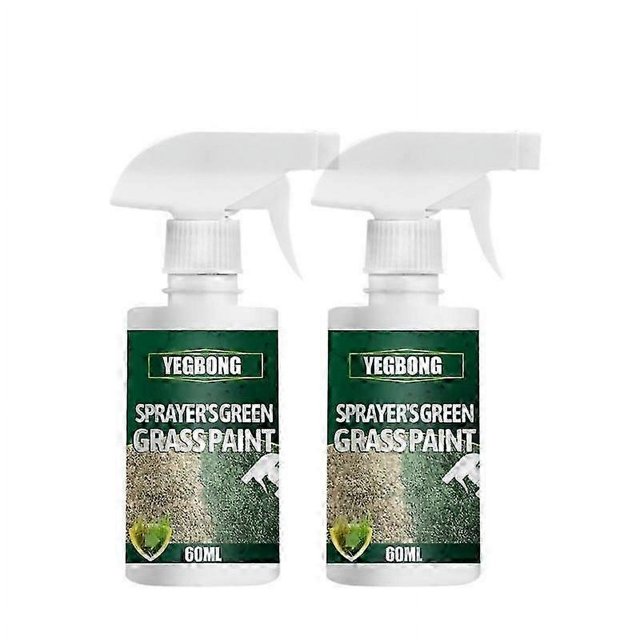spray para césped green grass, pintura líquida para césped, para siembra doméstica, spray para reverdecer césped, reparación de césped verde para jardines, granjas, suelo, 2 piezas dos botellas de 60 ml con atomizador, vista frontal centrada; envases blancos con boquilla pulverizadora blanca y etiqueta verde que muestra texto "SPRAYER'S GREEN GRASS PAINT" y gráfico de césped. Indicado para cubrir y reverdecer parches de césped en jardines, canchas o terrenos; a menudo usado para refrescar áreas pequeñas antes de eventos al aire libre.