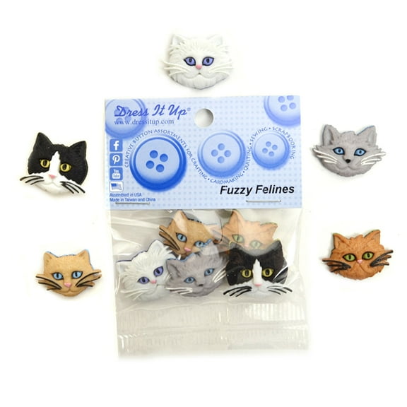 Dress It Up "Fuzzy Felines" – Multi-Color Craft Buttons, 5-Piece Set, Plastic Sew-On Fasteners