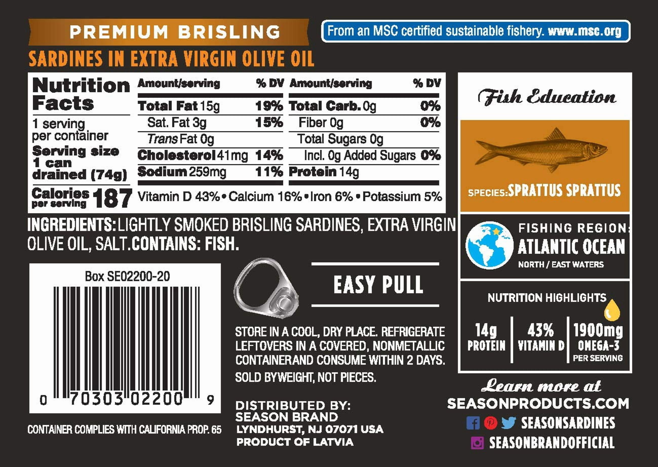 SEASON Wild Caught Cross-Packed Brisling Sardines in Pure Olive Oil, Two Layers - 3.75 Oz, 12 Pack