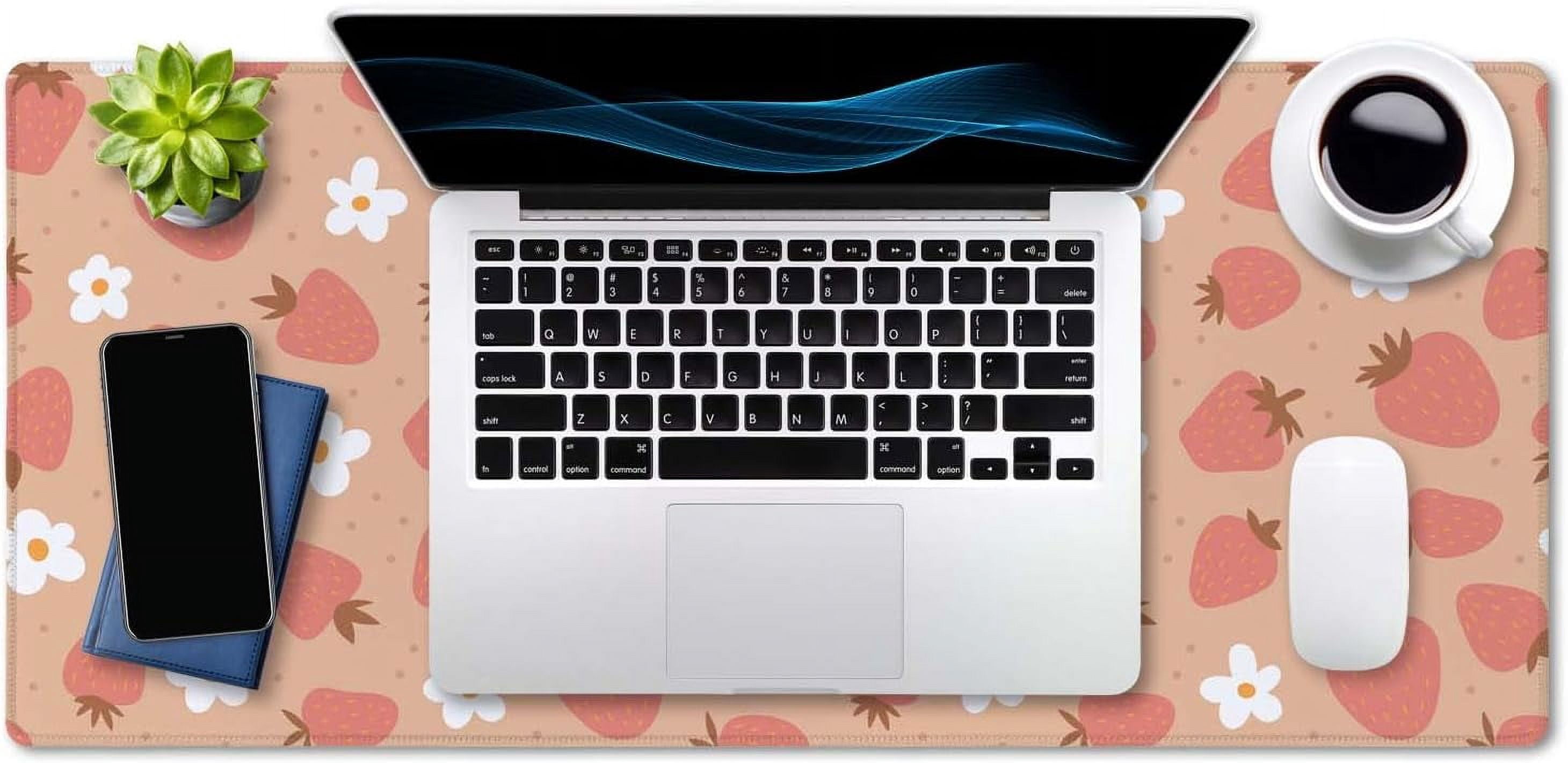 Large Mouse Pad, Full Desk XXL Extended Gaming Mouse Pad 35.5" X 15.7", Waterproof Desk Mat with Stitched Edge, Non-Slip Laptop Computer Keyboard Mousepad for Office & Home, Strawberry and Daisy