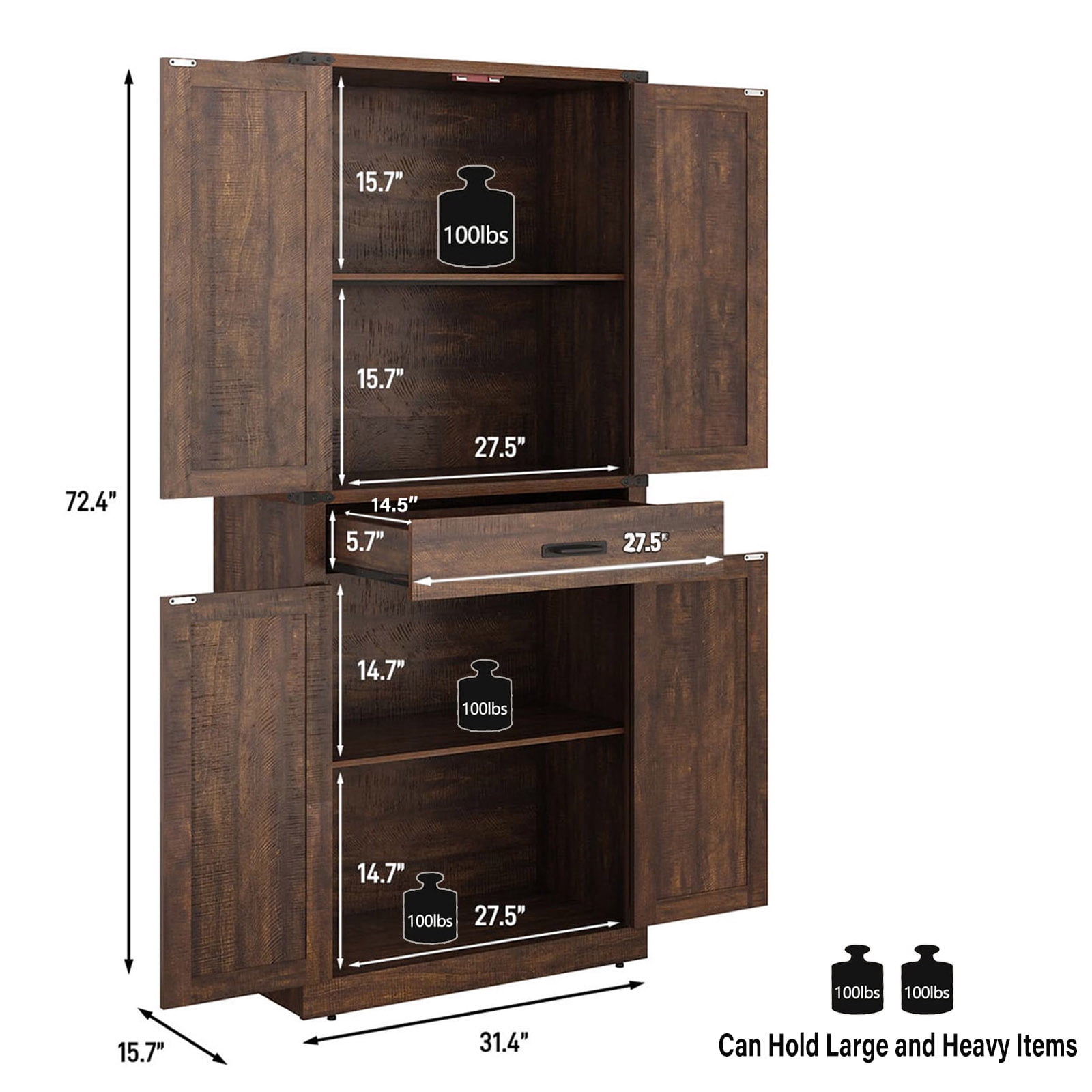 72" Tall Farmhouse Kitchen Pantry Cabinet w/1 Drawer & 4 Roomy Storage Shelves, Versatile Wood Storage Cabinet with 4 Barn Door & Adjustable Shelves & for Dining Room Bathroom Utility Room