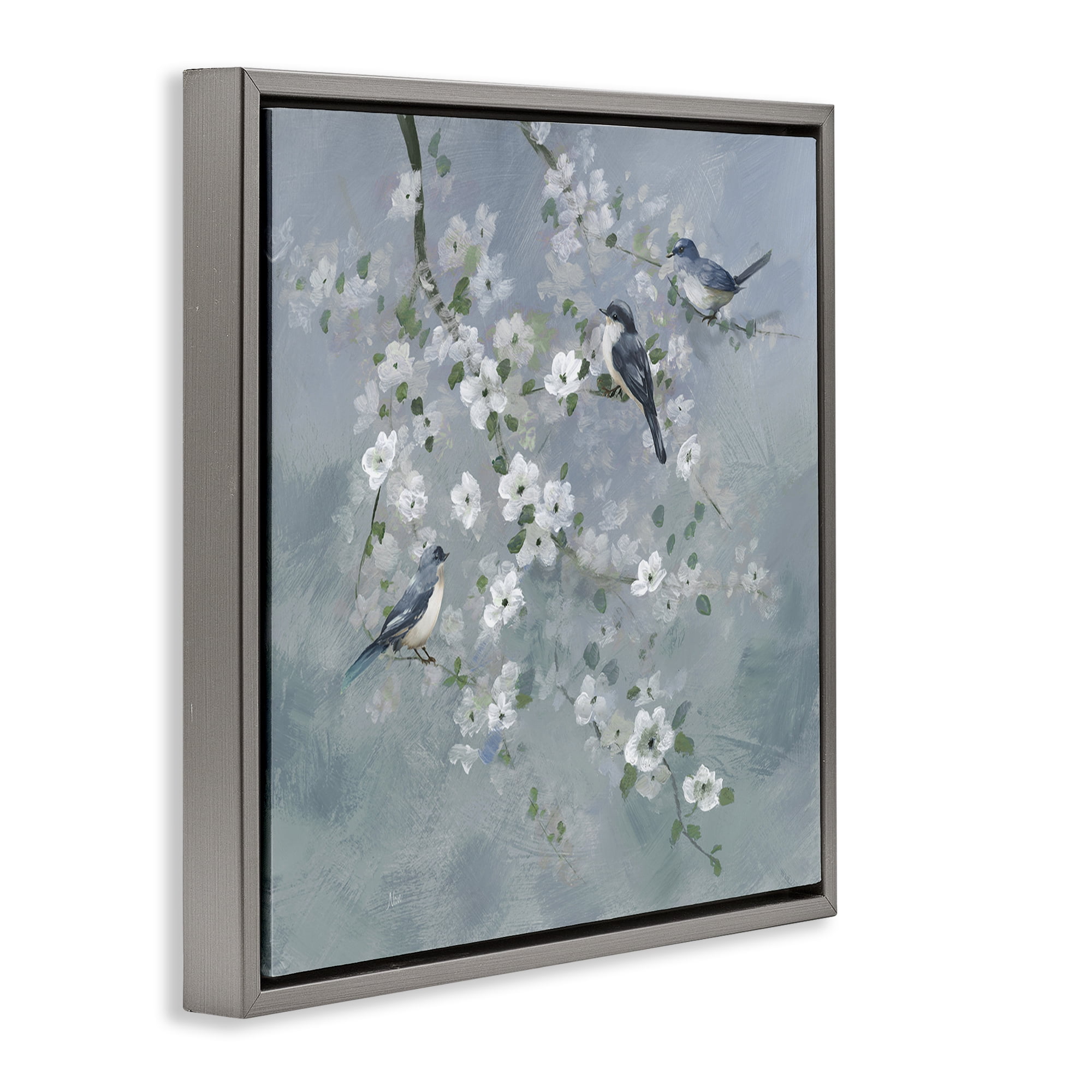 Stupell Industries Serene Birds on White Blooms Gray Framed Floater Canvas Wall Art, design by Nan