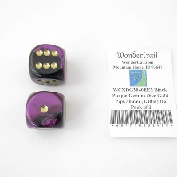 Black and Purple Gemini Dice with Gold Pips 30mm (1.18in) D6 Pack of 2 Wondertrail